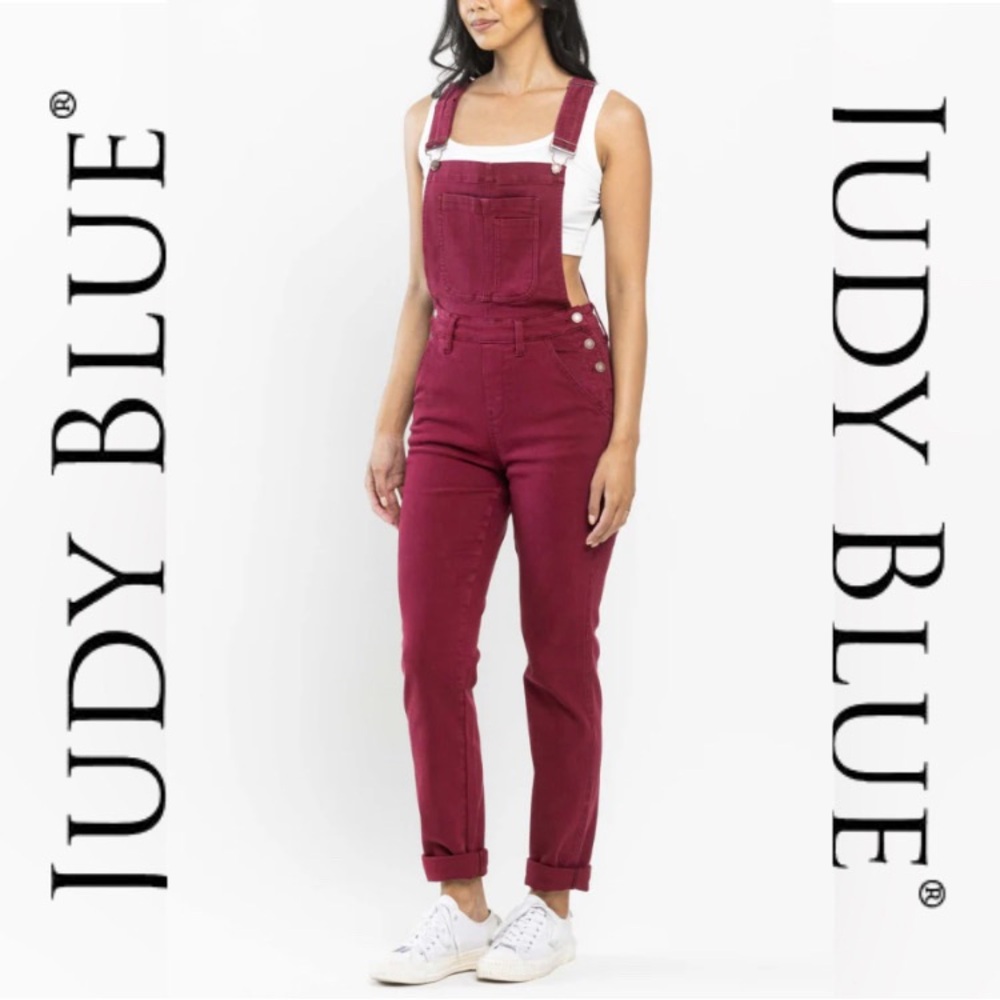 🌸NEW!🌸 JUDY BLUE | High Waist Maroon Garment Dyed Double Cuff Boyfriend Overalls